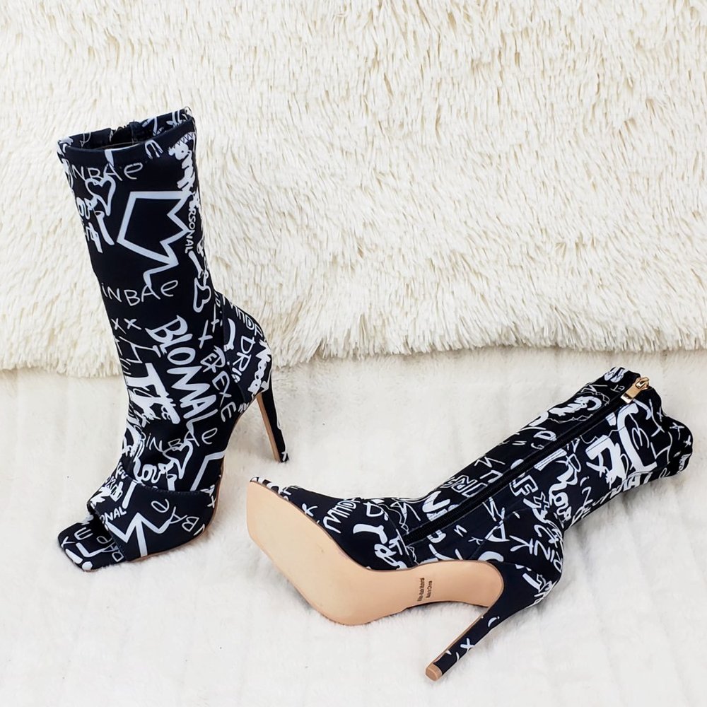Graffiti Stretch Square Open Toe Ankle Boots - Picture 2 of 9